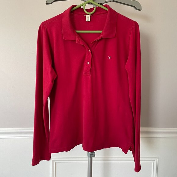 Vintage American Eagle Stretch Long Sleeve Polo Shirt in Red Size XL - Picture 3 of 9